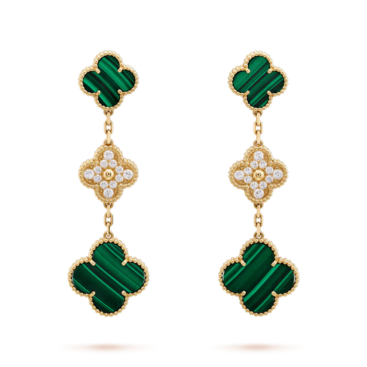 Pomuse CLOVER EARRINGS GOLD MALACHITE DIAMOND 3 MOTIF