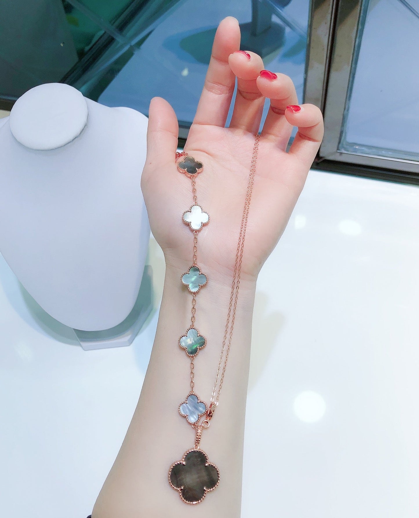 Pomuse COMBINED BRACELET 5 MOTIFS AND NECKLACE DARK MOP ROSE GOLD