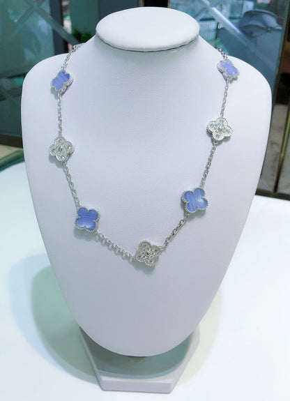 Pomuse CLOVER 10 MOTIFS CHALCEDONY DIAMONDS SILVER NECKLACE