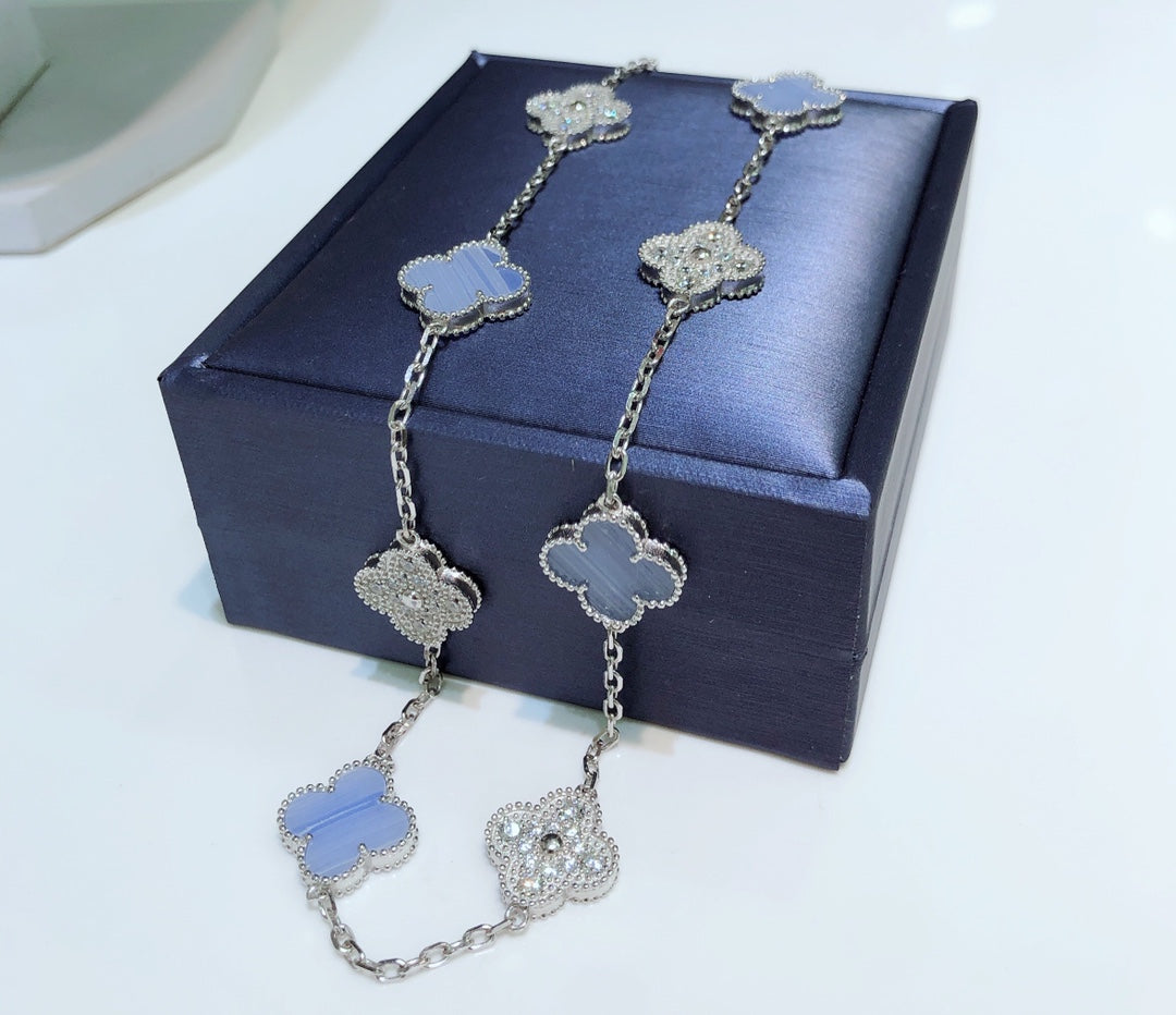 Pomuse CLOVER 10 MOTIFS CHALCEDONY DIAMONDS SILVER NECKLACE