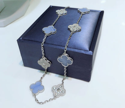 Pomuse CLOVER 10 MOTIFS CHALCEDONY DIAMONDS SILVER NECKLACE