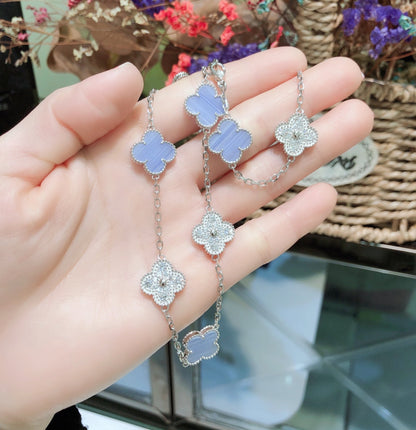 Pomuse CLOVER 10 MOTIFS CHALCEDONY DIAMONDS SILVER NECKLACE