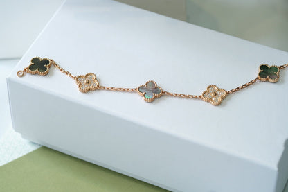 Pomuse CLOVER 5 MOTIFS DARK MOP AND DIAMONDS PINK GOLD BRACELET