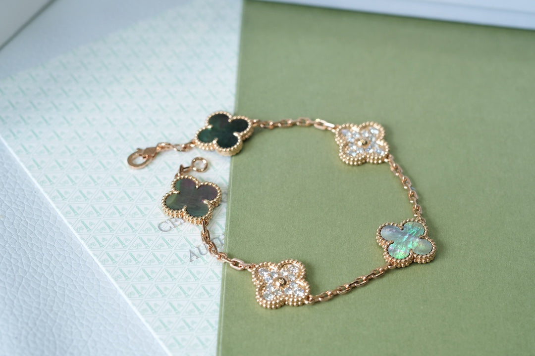 Pomuse CLOVER 5 MOTIFS DARK MOP AND DIAMONDS PINK GOLD BRACELET