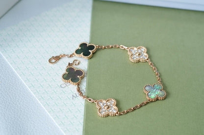 Pomuse CLOVER 5 MOTIFS DARK MOP AND DIAMONDS PINK GOLD BRACELET