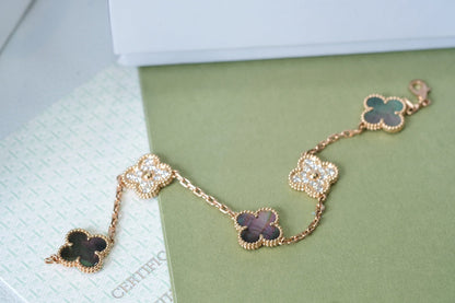 Pomuse CLOVER 5 MOTIFS DARK MOP AND DIAMONDS PINK GOLD BRACELET