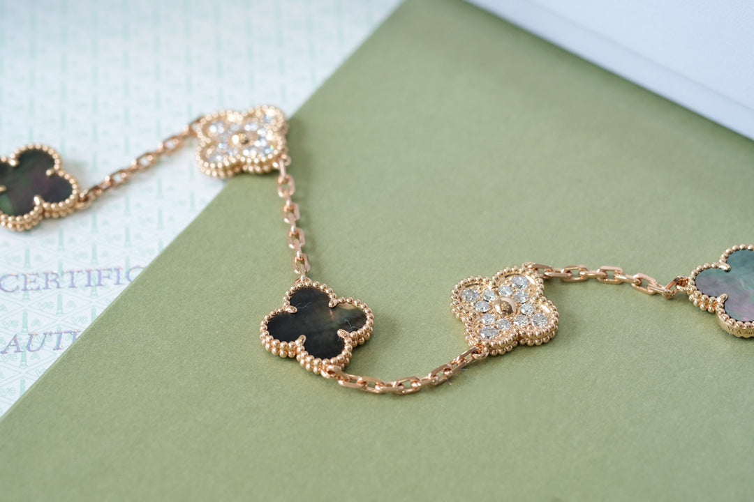 Pomuse CLOVER 5 MOTIFS DARK MOP AND DIAMONDS PINK GOLD BRACELET