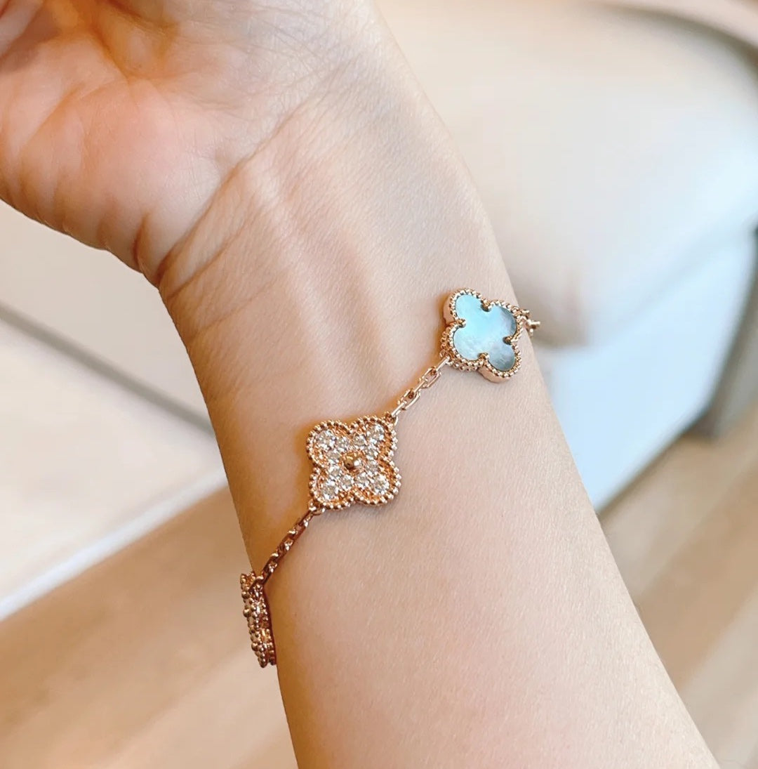 Pomuse CLOVER 5 MOTIFS DARK MOP AND DIAMONDS PINK GOLD BRACELET