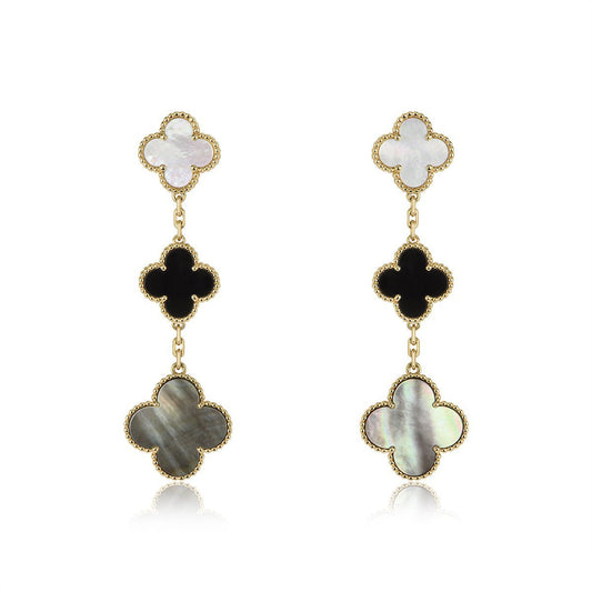 Pomuse CLOVER EARRINGS GOLD ONYX MOP 3 MOTIF